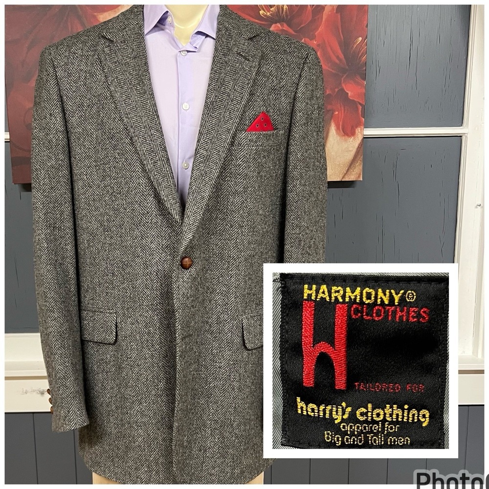 Vintage Harmony Clothes Tweed Blazer Mens 46-Extra Long Wool Herringbone Gray